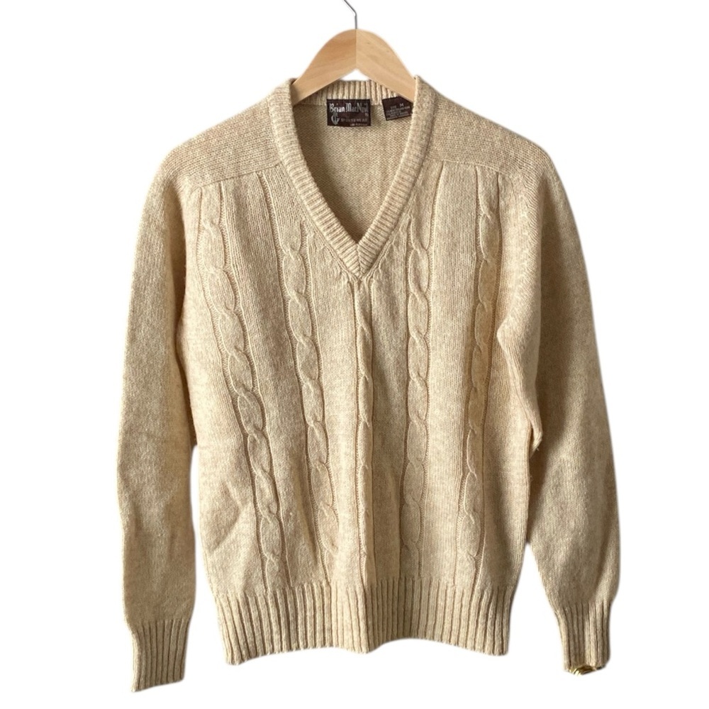 Brian MacNeil Vtg New Zealand Wool Beige V-neck Cable Knit Sweater Women Medium